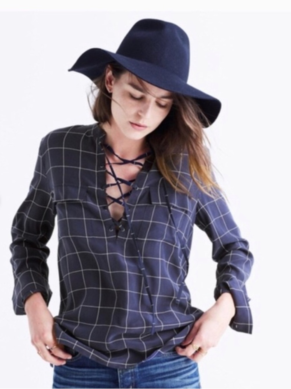 Madewell 100% silk long sleeve lace up navy shirt size XS
